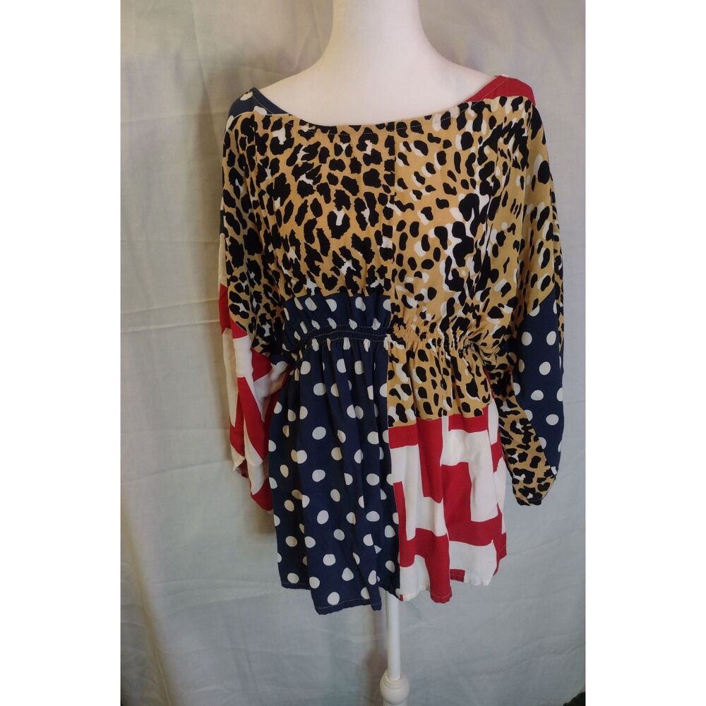 David Isaac New York XL Blouse Mixed Print Patchwork Top Polka Dot Leopard